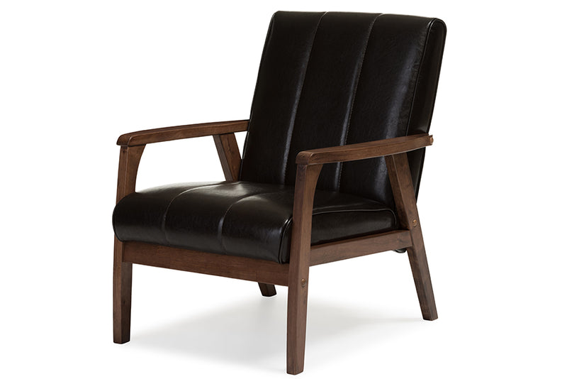 Baxton Studio Nikko Mid-century Modern Scandinavian Style Dark Brown Faux Leather Wooden Lounge Chair