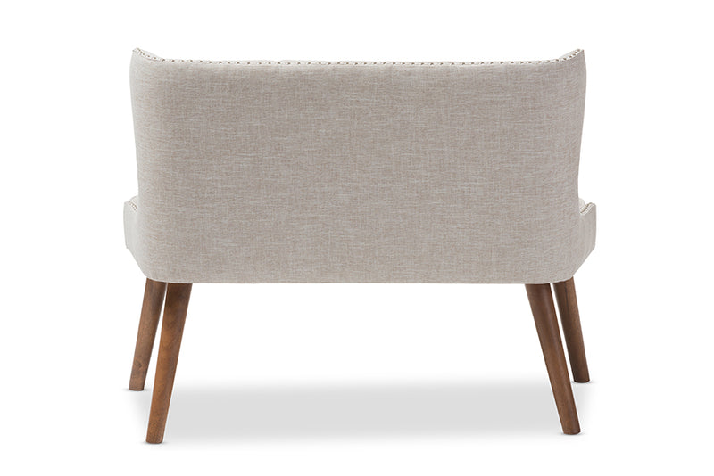 Baxton Studio Scarlett Mid-Century Modern Brown Wood and Light Beige Fabric Upholstered Button-Tufting with Nail Heads Trim 2-Seater Loveseat Settee