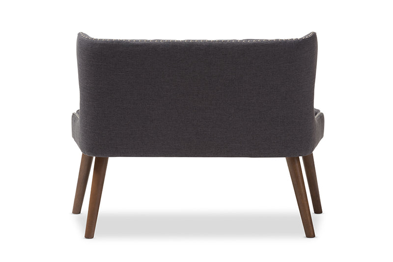 Baxton Studio Scarlett Mid-Century Modern Brown Wood and Dark Grey Fabric Upholstered Button-Tufting with Nail Heads Trim 2-Seater Loveseat Settee
