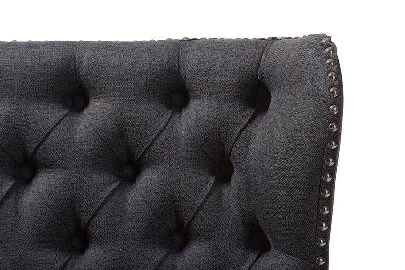 Baxton Studio Scarlett Mid-Century Modern Brown Wood and Dark Grey Fabric Upholstered Button-Tufting with Nail Heads Trim 2-Seater Loveseat Settee