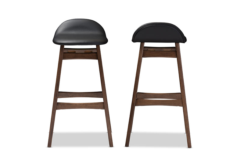 Baxton Studio Bloom Mid-century Retro Modern Scandinavian Style Black Faux Leather Upholstered Walnut Wood Finishing 30-Inches Bar Stool (Set of 2)
