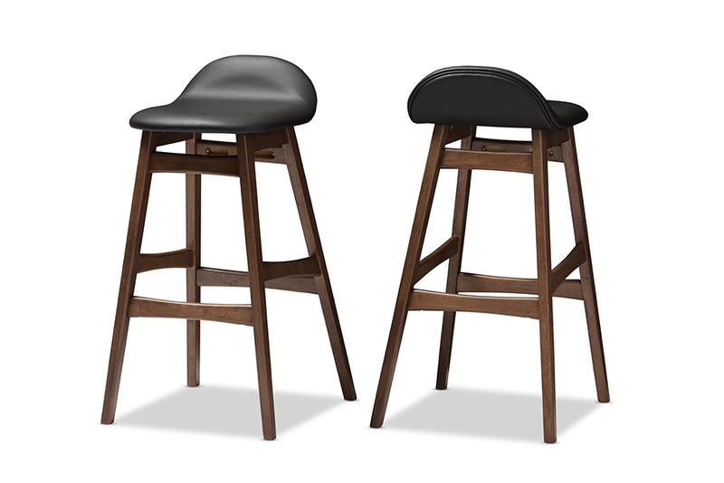 Baxton Studio Bloom Mid-century Retro Modern Scandinavian Style Black Faux Leather Upholstered Walnut Wood Finishing 30-Inches Bar Stool (Set of 2)