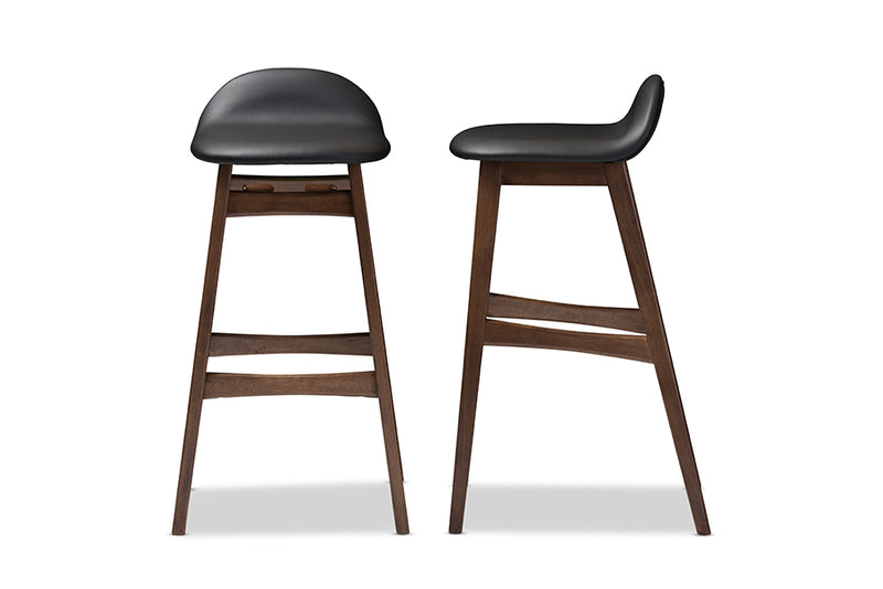 Baxton Studio Bloom Mid-century Retro Modern Scandinavian Style Black Faux Leather Upholstered Walnut Wood Finishing 30-Inches Bar Stool (Set of 2)