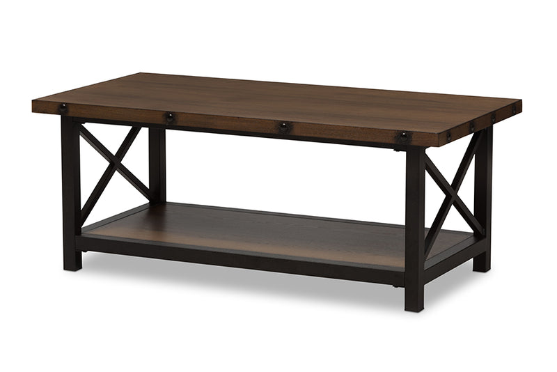 Baxton Studio Herzen Rustic Industrial Style Antique Black Textured Finished Metal Distressed Wood Occasional Cocktail Coffee Table