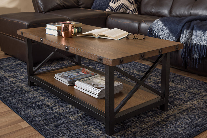 Baxton Studio Herzen Rustic Industrial Style Antique Black Textured Finished Metal Distressed Wood Occasional Cocktail Coffee Table