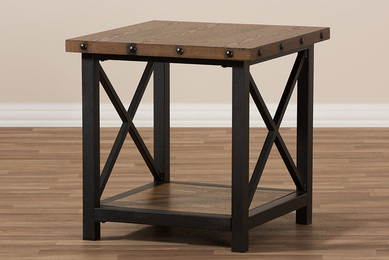 Baxton Studio Herzen Rustic Industrial Style Antique Black Textured Finished Metal Distressed Wood Occasional End Table