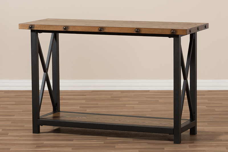 Baxton Studio Herzen Rustic Industrial Style Antique Black Textured Finished Metal Distressed Wood Occasional Console Table