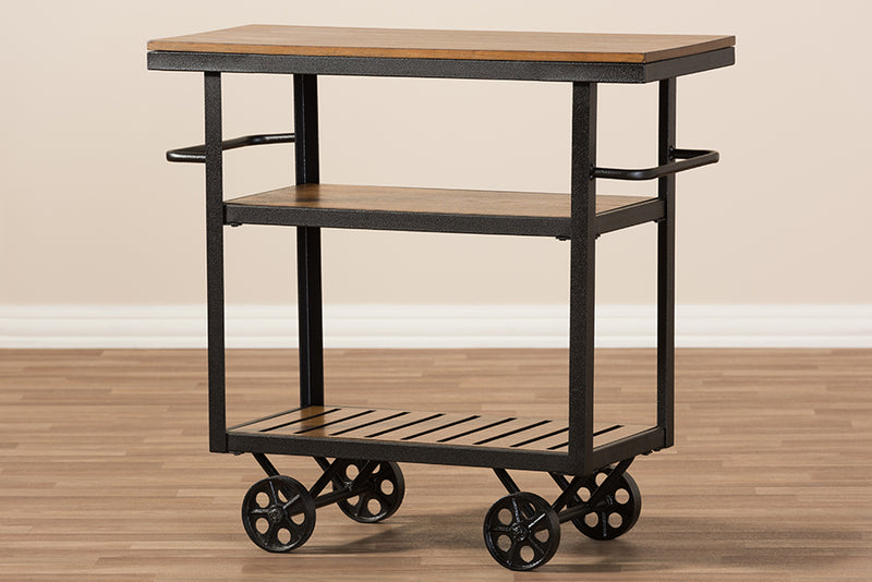 Baxton Studio Kennedy Rustic Industrial Style Antique Black Textured Finished Metal Distressed Wood Mobile Serving Cart