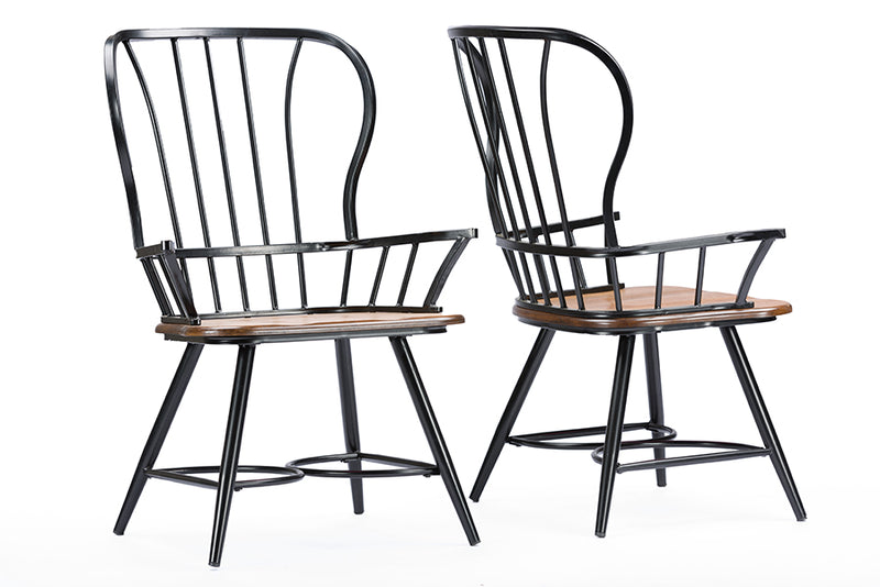 Baxton Studio Longford "Dark-Walnut" Wood and Black Metal Vintage Industrial Dining Arm Chair (Set of 2)