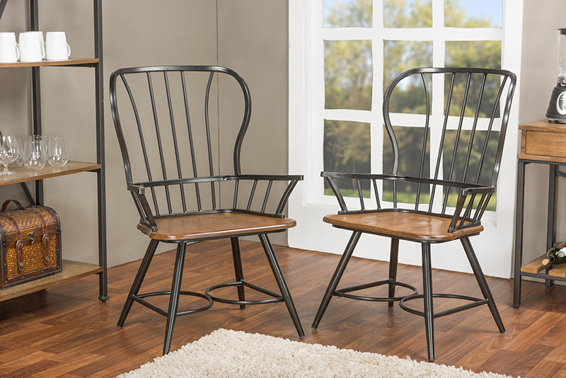 Baxton Studio Longford "Dark-Walnut" Wood and Black Metal Vintage Industrial Dining Arm Chair (Set of 2)