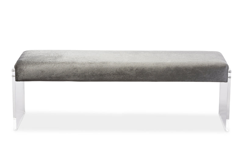 Baxton Studio Hildon Modern and Contemporary Grey Microsuede Fabric Upholstered Lux Bench with Paneled Acrylic Legs