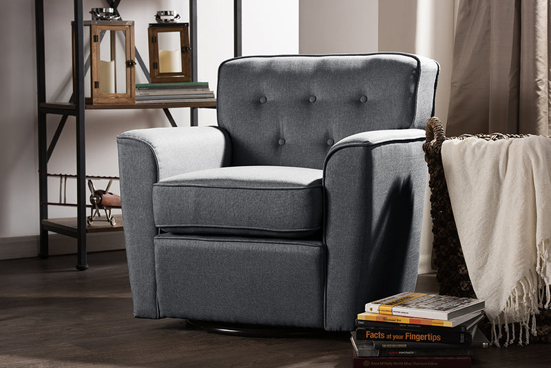 Baxton Studio Canberra Modern Retro Contemporary Grey Fabric Upholstered Button-tufted Swivel Lounge Chair with Arms