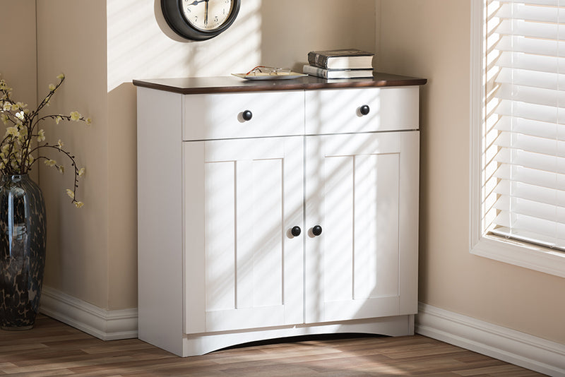 Baxton Studio Lauren Modern and Contemporary Two-tone White and Dark Brown Buffet Kitchen Cabinet with Two Doors and Two Drawers