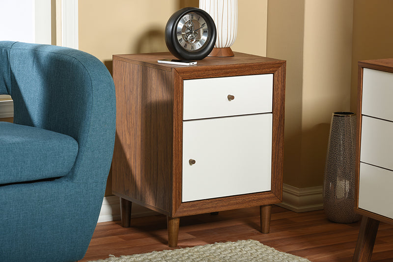 Baxton Studio Harlow Mid-century Modern Scandinavian Style White and Walnut Wood 1-drawer and 1-door Nightstand