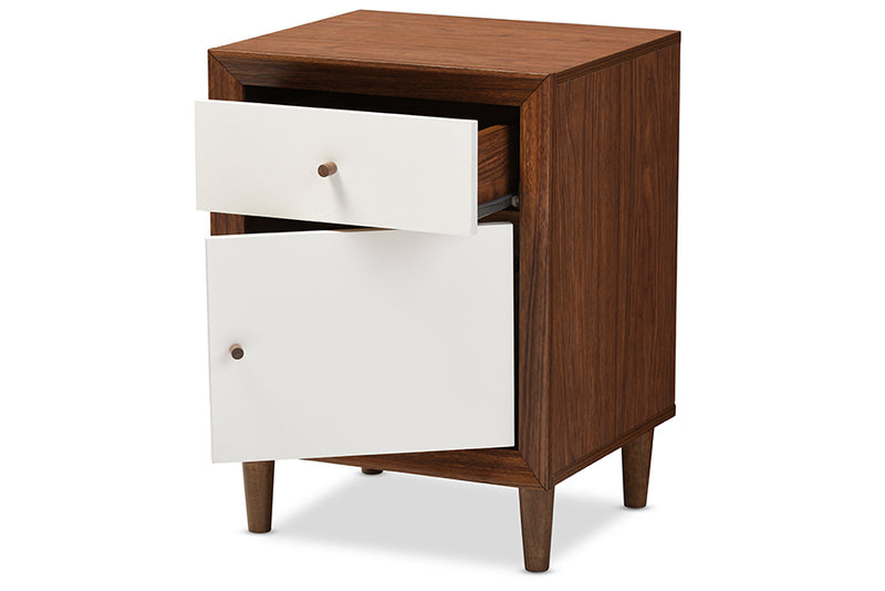 Baxton Studio Harlow Mid-century Modern Scandinavian Style White and Walnut Wood 1-drawer and 1-door Nightstand