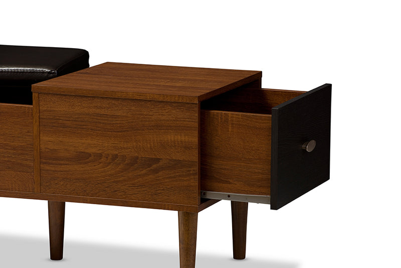 Baxton Studio Merrick Mid-century Retro Modern 1-drawer 2-tone Oak and Dark Brown Wood Entryway Storage Cushioned Bench Shoe Rack Cabinet Organizer
