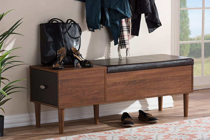 Baxton Studio Merrick Mid-century Retro Modern 1-drawer 2-tone Oak and Dark Brown Wood Entryway Storage Cushioned Bench Shoe Rack Cabinet Organizer