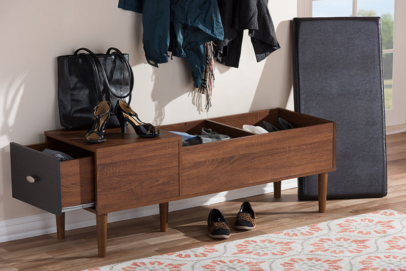 Baxton Studio Merrick Mid-century Retro Modern 1-drawer 2-tone Oak and Dark Brown Wood Entryway Storage Cushioned Bench Shoe Rack Cabinet Organizer