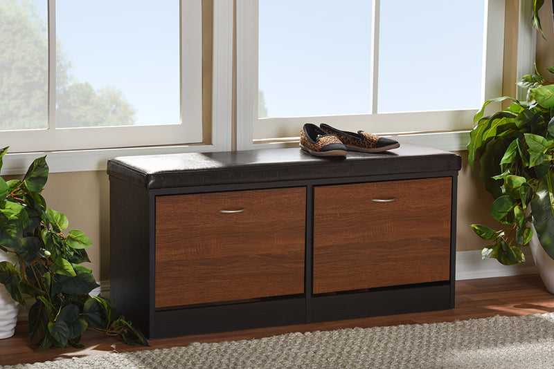 Baxton Studio Foley Modern and Contemporary 2-tone Dark Brown and Oak Finishing Entryway Storage Cushioned Bench Shoe Rack Cabinet Organizer
