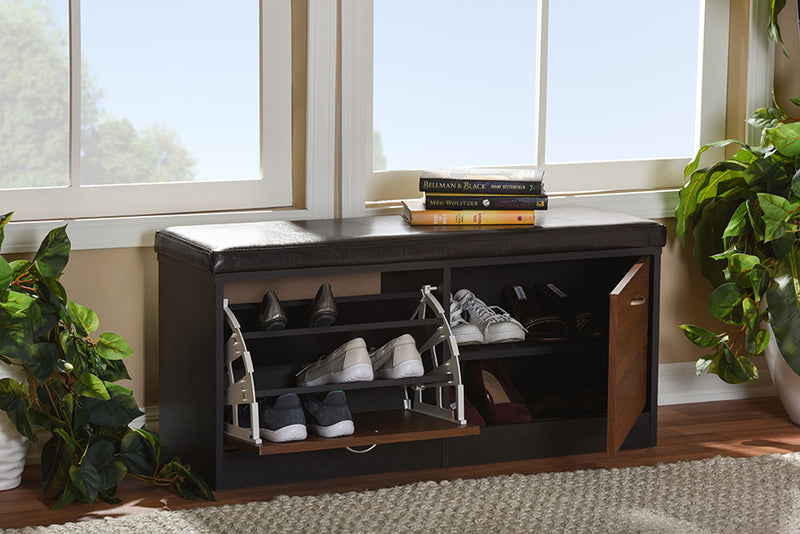 Baxton Studio Foley Modern and Contemporary 2-tone Dark Brown and Oak Finishing Entryway Storage Cushioned Bench Shoe Rack Cabinet Organizer