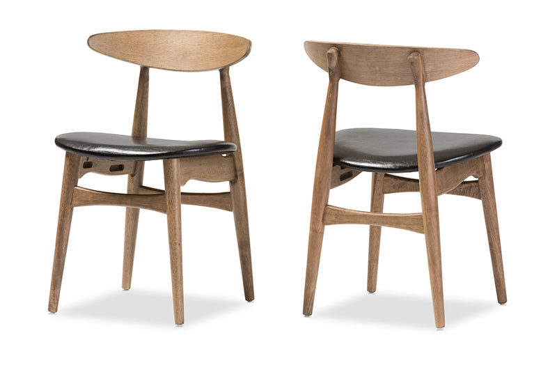 Baxton Studio Edna Mid-Century Modern French Black Faux Leather and "Oak" Light Brown Finishing Wood Dining Chair