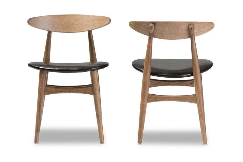 Baxton Studio Edna Mid-Century Modern French Black Faux Leather and "Oak" Light Brown Finishing Wood Dining Chair