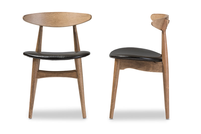 Baxton Studio Edna Mid-Century Modern French Black Faux Leather and "Oak" Light Brown Finishing Wood Dining Chair