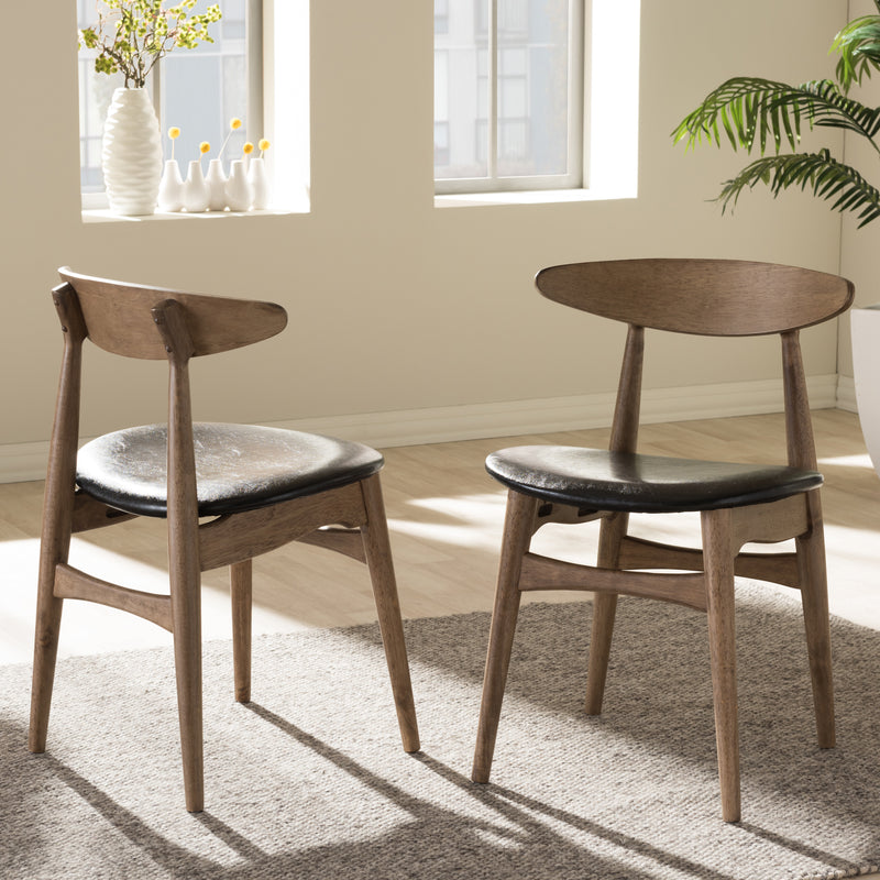 Baxton Studio Edna Mid-Century Modern French Black Faux Leather and "Oak" Light Brown Finishing Wood Dining Chair