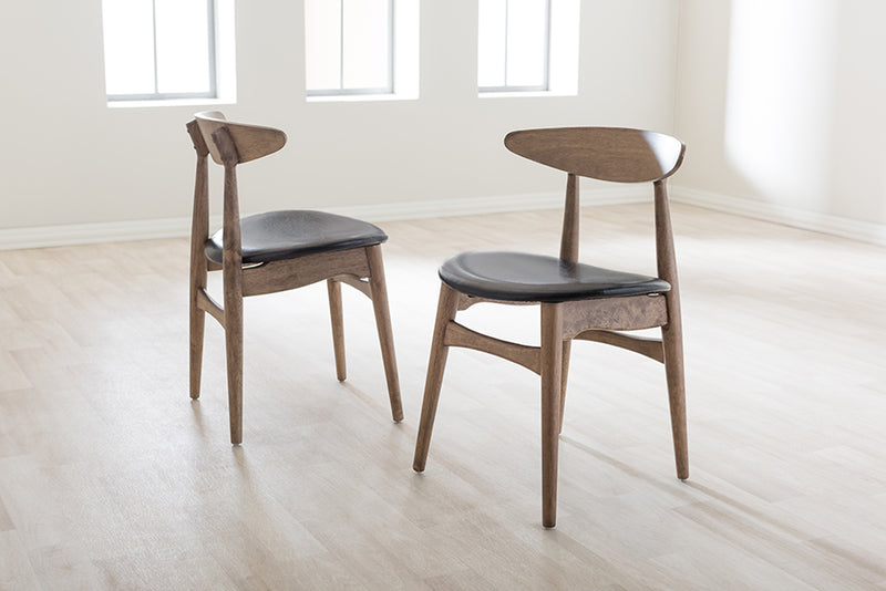 Baxton Studio Edna Mid-Century Modern French Black Faux Leather and "Oak" Light Brown Finishing Wood Dining Chair