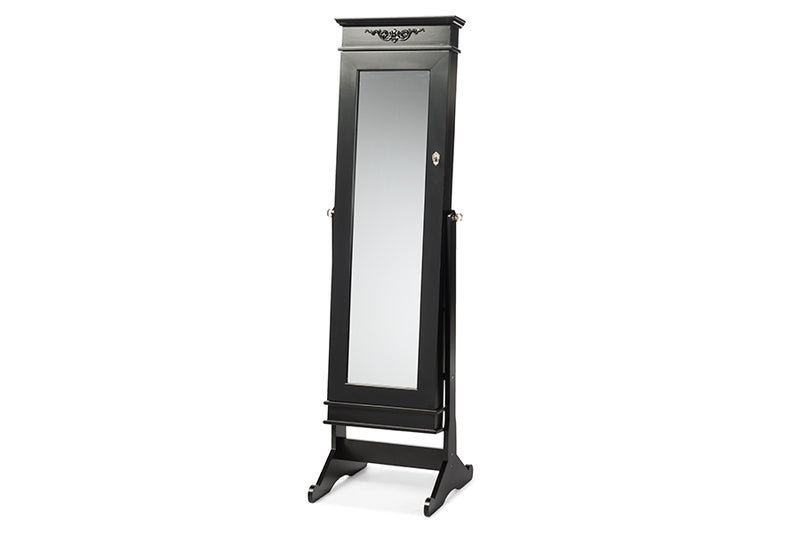 Baxton Studio Bimini Black Finish Wood Crown Molding Top Free Standing Full Length Cheval Mirror Jewelry Armoire
