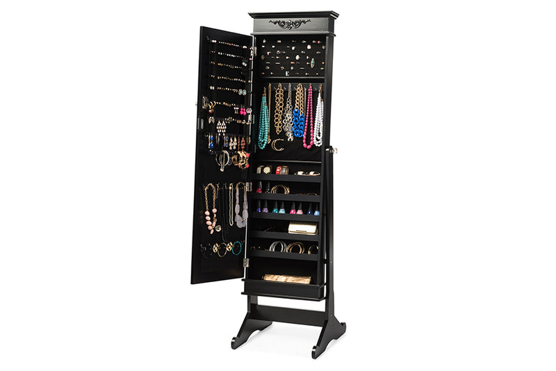 Baxton Studio Bimini Black Finish Wood Crown Molding Top Free Standing Full Length Cheval Mirror Jewelry Armoire