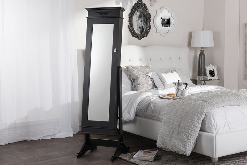 Baxton Studio Bimini Black Finish Wood Crown Molding Top Free Standing Full Length Cheval Mirror Jewelry Armoire