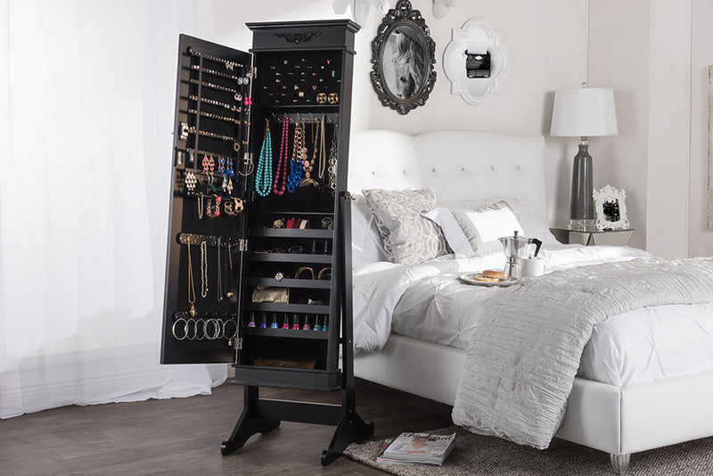 Baxton Studio Bimini Black Finish Wood Crown Molding Top Free Standing Full Length Cheval Mirror Jewelry Armoire