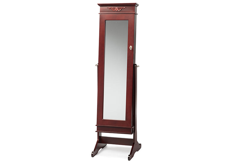 Baxton Studio Bimini Brown Finish Wood Crown Molding Top Free Standing Full Length Cheval Mirror Jewelry Armoire