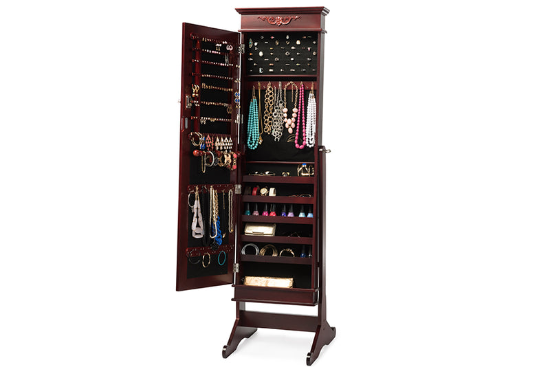Baxton Studio Bimini Brown Finish Wood Crown Molding Top Free Standing Full Length Cheval Mirror Jewelry Armoire
