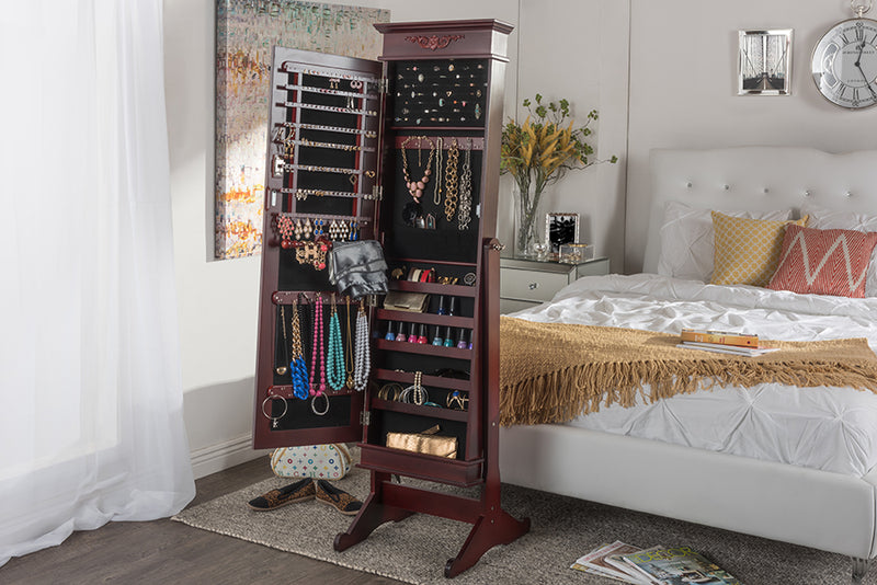 Baxton Studio Bimini Brown Finish Wood Crown Molding Top Free Standing Full Length Cheval Mirror Jewelry Armoire