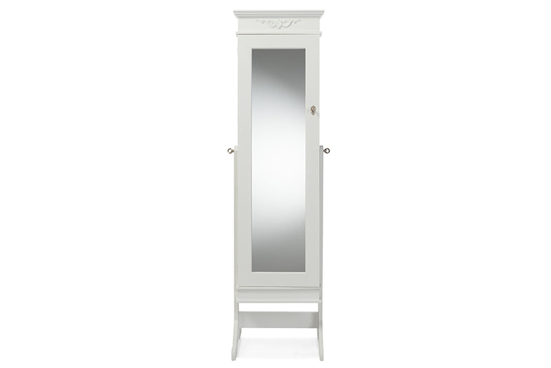 Baxton Studio Bimini White Finish Wood Crown Molding Top Free Standing Full Length Cheval Mirror Jewelry Armoire