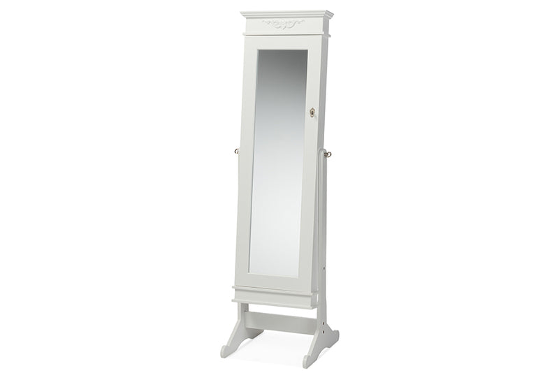 Baxton Studio Bimini White Finish Wood Crown Molding Top Free Standing Full Length Cheval Mirror Jewelry Armoire