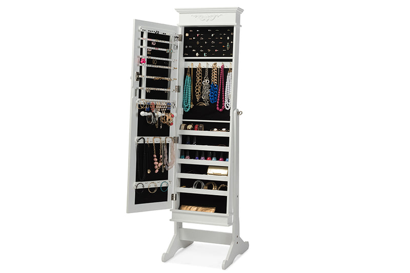 Baxton Studio Bimini White Finish Wood Crown Molding Top Free Standing Full Length Cheval Mirror Jewelry Armoire