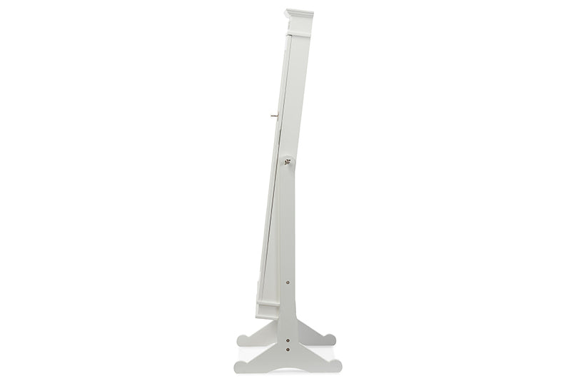 Baxton Studio Bimini White Finish Wood Crown Molding Top Free Standing Full Length Cheval Mirror Jewelry Armoire