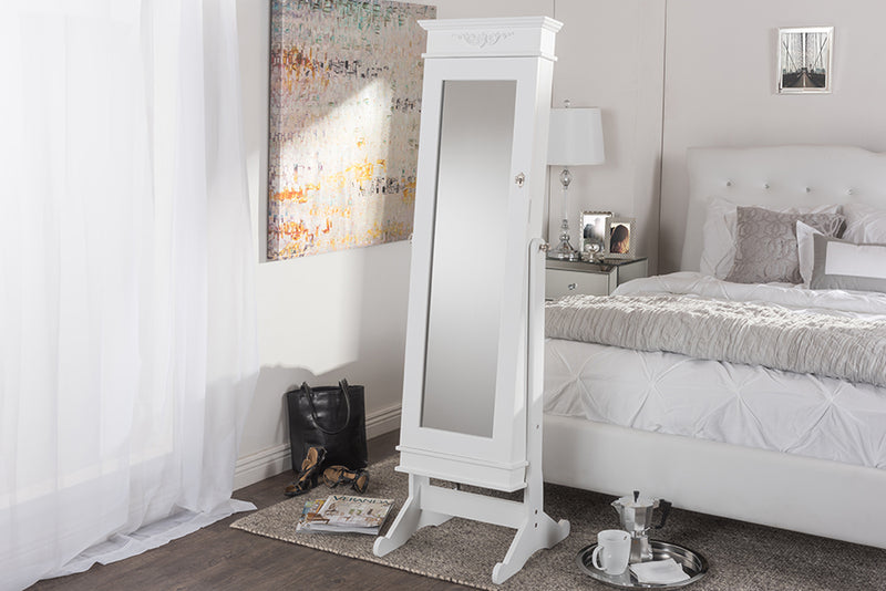 Baxton Studio Bimini White Finish Wood Crown Molding Top Free Standing Full Length Cheval Mirror Jewelry Armoire