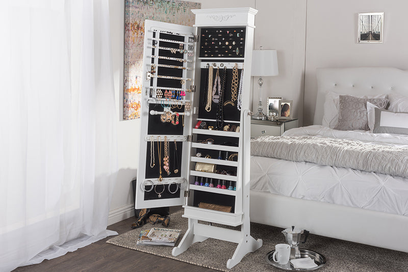 Baxton Studio Bimini White Finish Wood Crown Molding Top Free Standing Full Length Cheval Mirror Jewelry Armoire