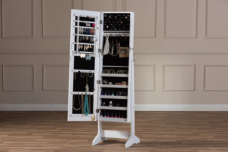 Baxton Studio Alena White Finishing Wood Free Standing Cheval Mirror Jewelry Armoire