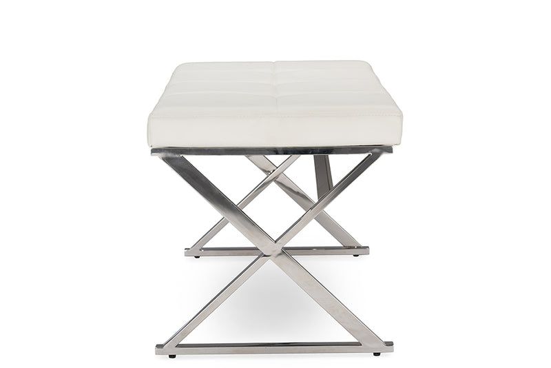 Baxton Studio Herald Modern and Contemporary Stainless Steel and White Faux Leather Upholstered Rectangle Bench