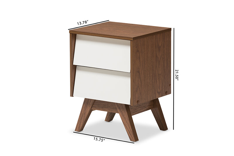 Baxton Studio Hildon Mid-Century Modern White and Walnut Wood 2-Drawer Storage Nightstand