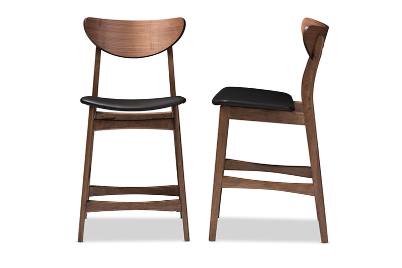 Baxton Studio Latina Mid-century Retro Modern Scandinavian Style Black Faux Leather Upholstered Walnut Wood Finishing 24-Inches Counter Stool (Set of 2)