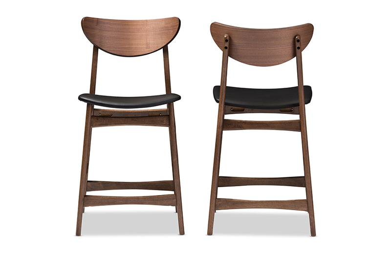 Baxton Studio Latina Mid-century Retro Modern Scandinavian Style Black Faux Leather Upholstered Walnut Wood Finishing 24-Inches Counter Stool (Set of 2)
