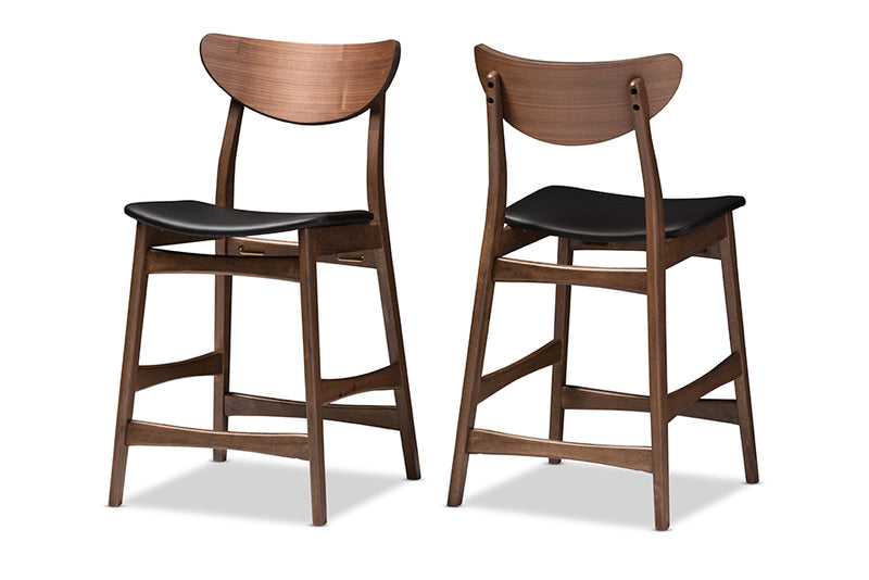 Baxton Studio Latina Mid-century Retro Modern Scandinavian Style Black Faux Leather Upholstered Walnut Wood Finishing 24-Inches Counter Stool (Set of 2)