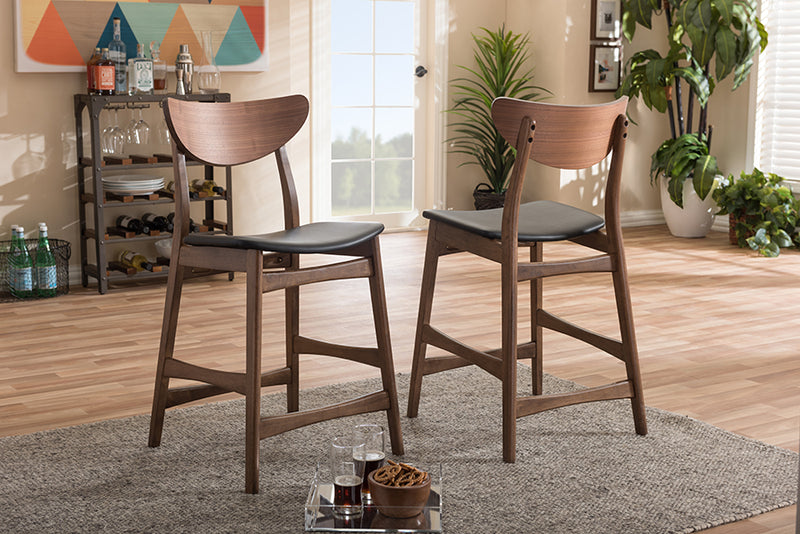 Baxton Studio Latina Mid-century Retro Modern Scandinavian Style Black Faux Leather Upholstered Walnut Wood Finishing 24-Inches Counter Stool (Set of 2)