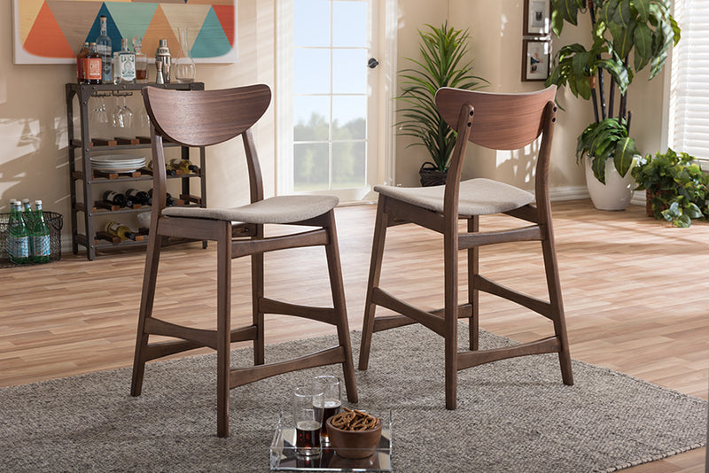 Baxton Studio Latina Mid-century Retro Modern Scandinavian Style Light Grey Fabric Upholstered Walnut Wood Finishing 24-Inches Counter Stool (Set of 2)